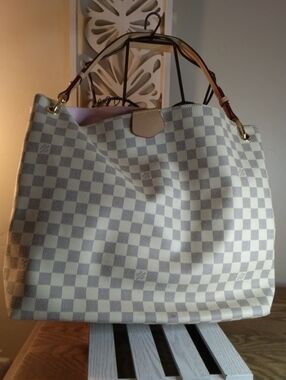 Checkered Tote Bag with Tan Handles - Women Bags